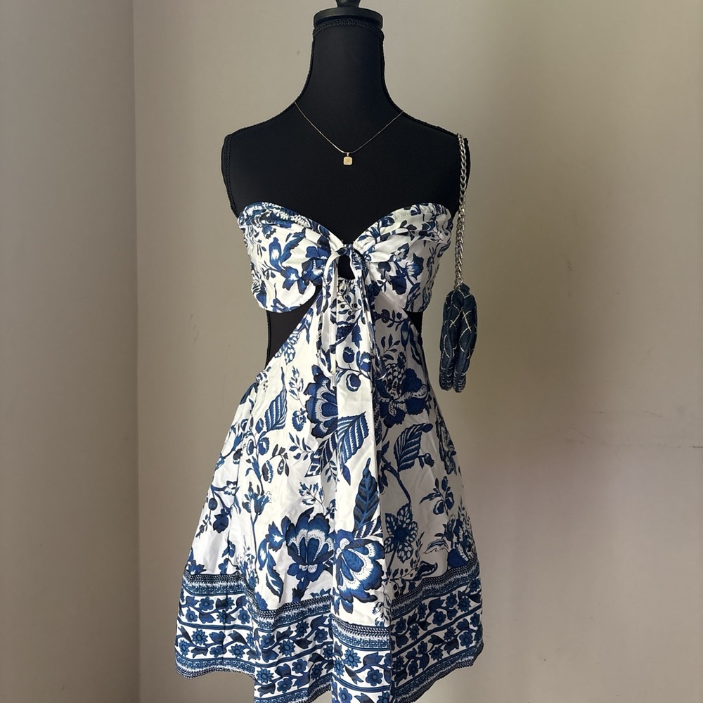 Floral Strapless Dress - Blue and White